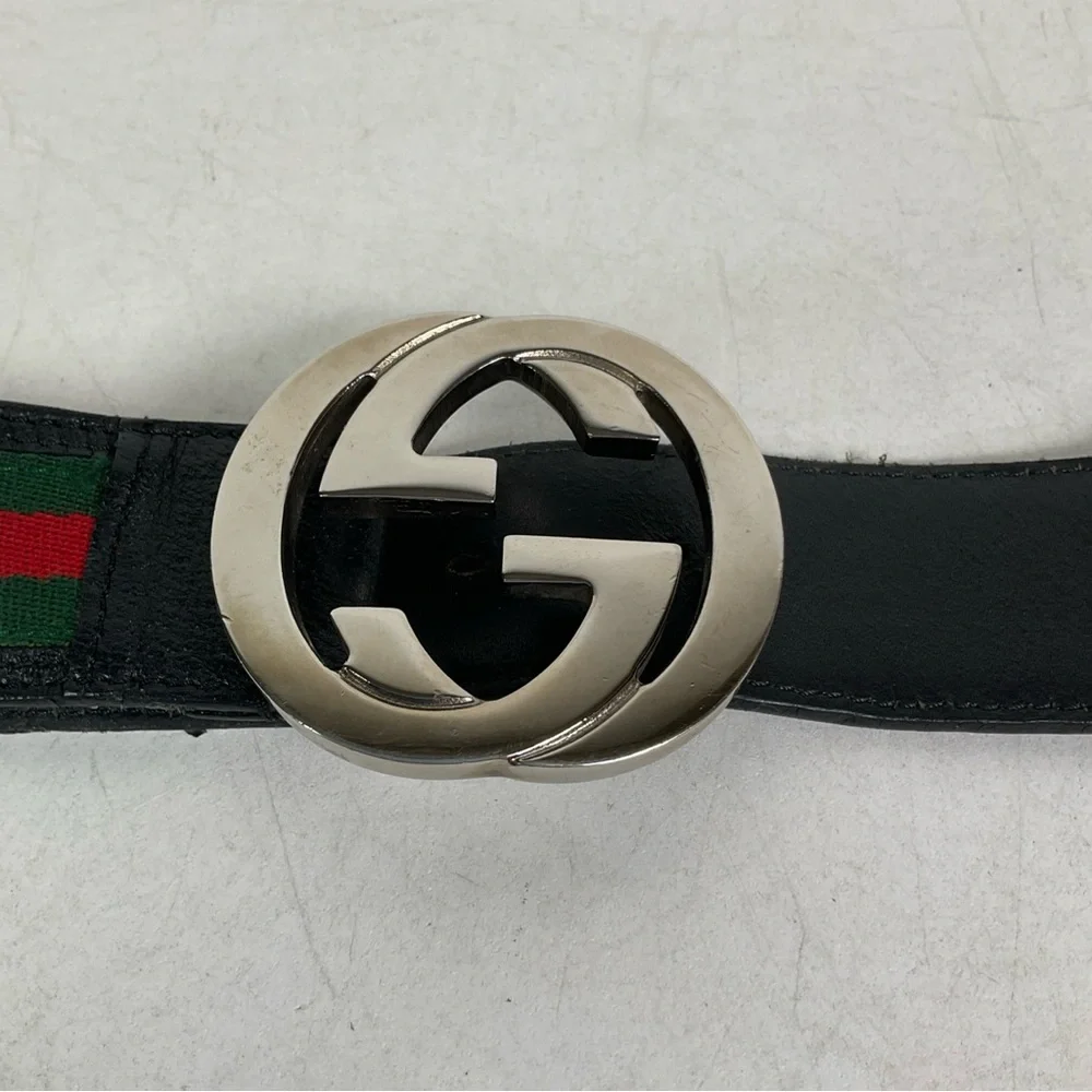 Gucci Web Green/Red Canvas Silver Interlocking G Buckle Belt 100/40